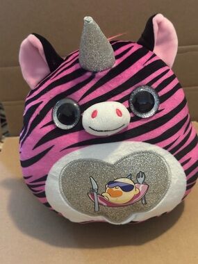 Plush Pink Zebra-Striped Unicorn Stuffed Toy with Glitter Heart